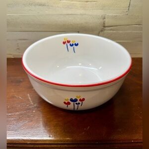 VINTAGE, RIVA DESIGNS, TULIPS, LARGE, WHITE CERAMIC BOWL. RED TRIM ON BOWL RIM.